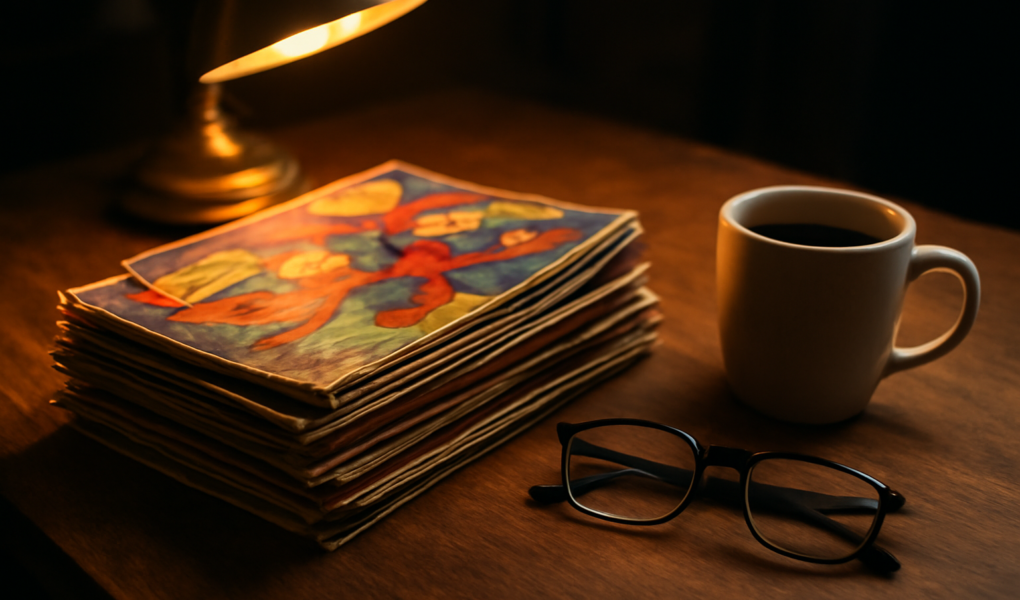 Tumpukan komik superhero di atas meja kayu dengan lampu baca dan cangkir kopi