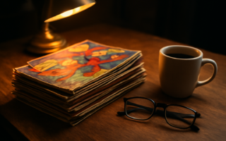 Tumpukan komik superhero di atas meja kayu dengan lampu baca dan cangkir kopi