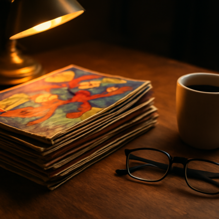 Tumpukan komik superhero di atas meja kayu dengan lampu baca dan cangkir kopi