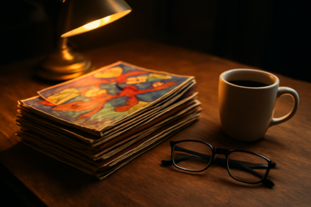 Tumpukan komik superhero di atas meja kayu dengan lampu baca dan cangkir kopi