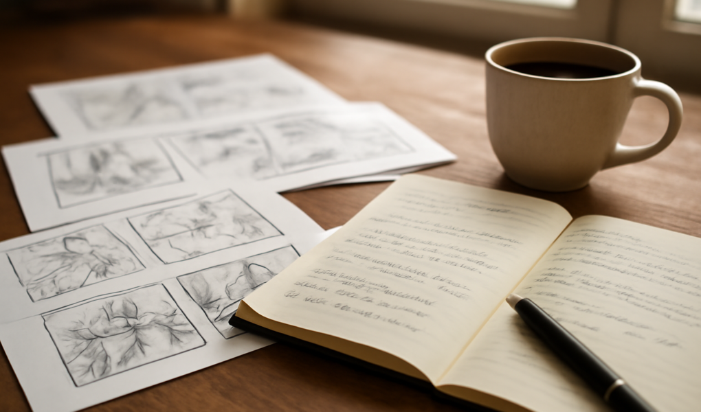 Meja kerja penulis komik dengan sketsa panel dan catatan naskah