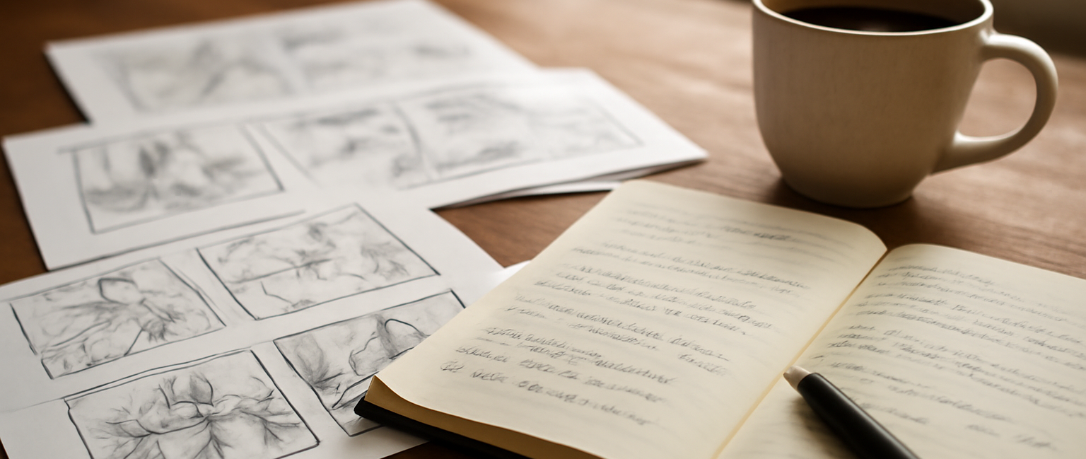 Meja kerja penulis komik dengan sketsa panel dan catatan naskah