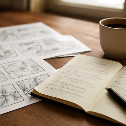 Meja kerja penulis komik dengan sketsa panel dan catatan naskah