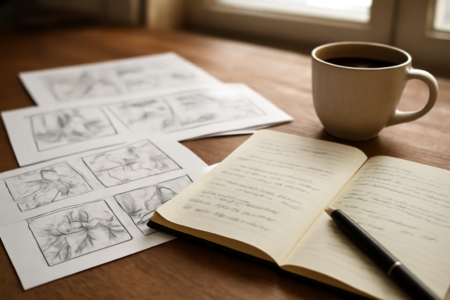 Meja kerja penulis komik dengan sketsa panel dan catatan naskah