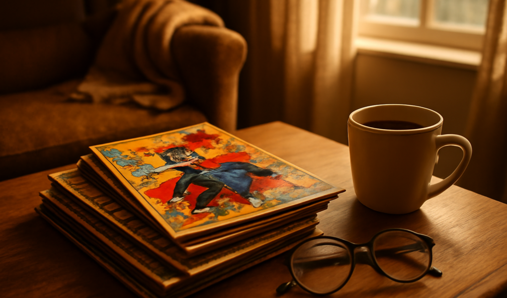 Tumpukan komik superhero lama di atas meja kayu dengan cahaya sore