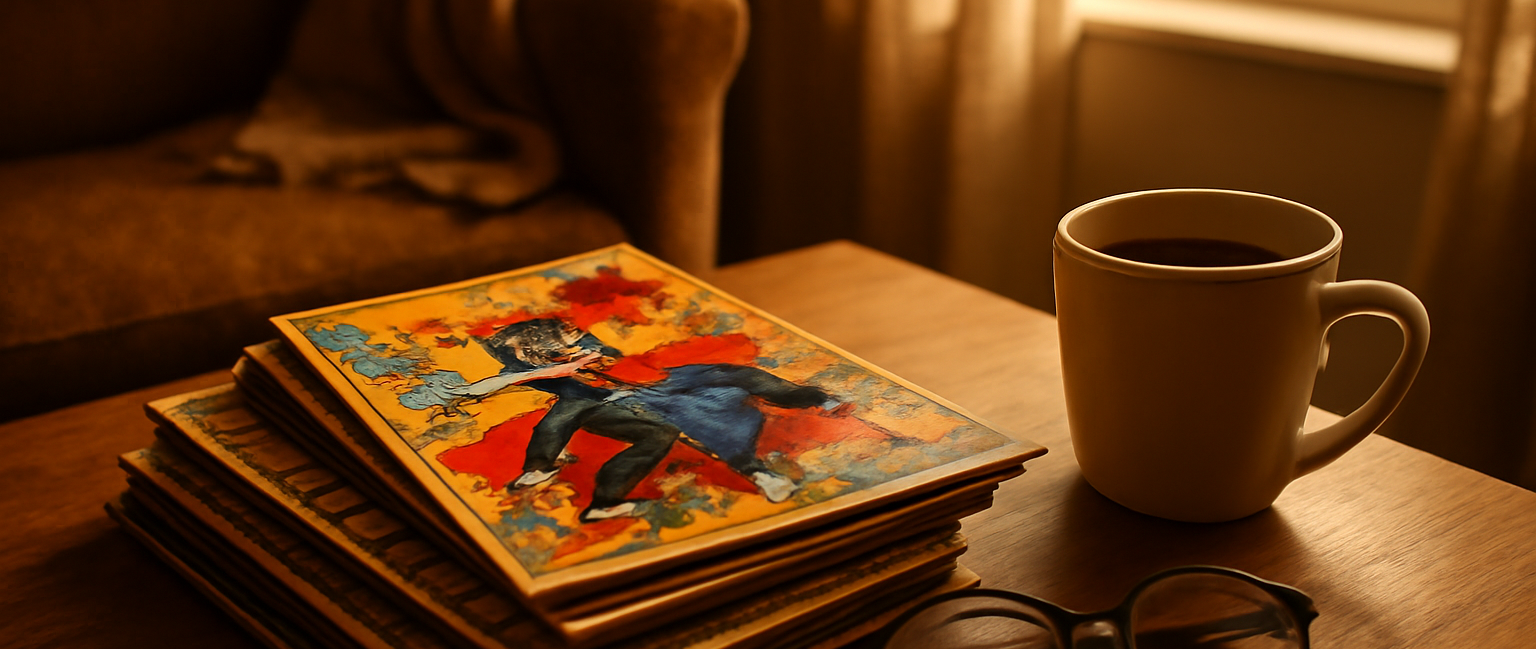 Tumpukan komik superhero lama di atas meja kayu dengan cahaya sore