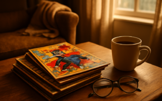 Tumpukan komik superhero lama di atas meja kayu dengan cahaya sore