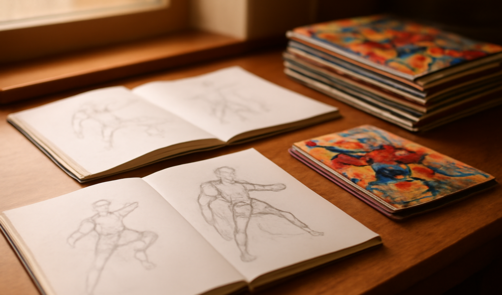 Meja kerja penulis komik dengan catatan dan sketsa adegan superhero