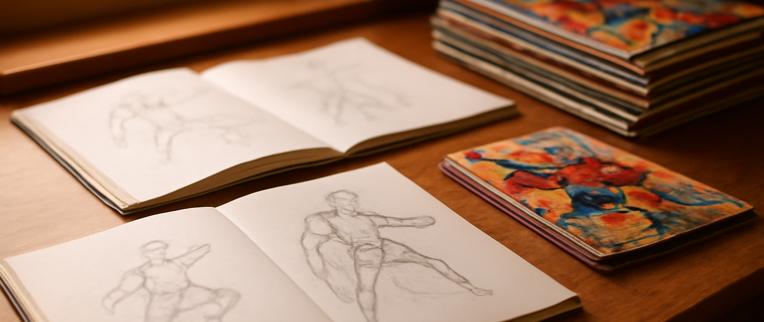 Meja kerja penulis komik dengan catatan dan sketsa adegan superhero