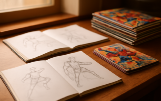 Meja kerja penulis komik dengan catatan dan sketsa adegan superhero