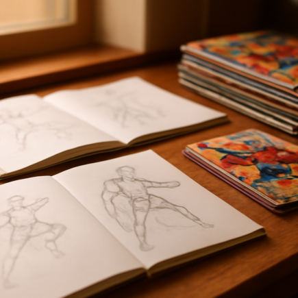 Meja kerja penulis komik dengan catatan dan sketsa adegan superhero