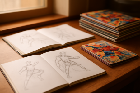 Meja kerja penulis komik dengan catatan dan sketsa adegan superhero